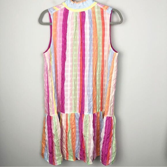 MARIE OLIVER | Striped Multicolor Silk High Neck Drop Waist Dress Women’s Small - Picture 1 of 9